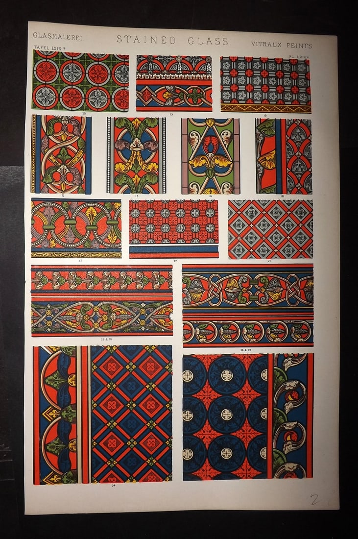 Jones, Owen 1910 Folio Design Print. Stained Glass PL 69A: Chromolithograph Published 1910 by Bernard Quaritch, London for "The Grammar of Ornament" by Owen Jones. Paper Size: 13 x 9 inch (33 x 23cm) Good Condition