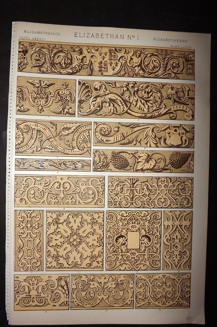 Jones, Owen 1910 Folio Design Print. Elizabethan No. 1: Chromolithograph Published 1910 by Bernard Quaritch, London for "The Grammar of Ornament" by Owen Jones. Paper Size: 13 x 9 inch (33 x 23cm) Good Condition