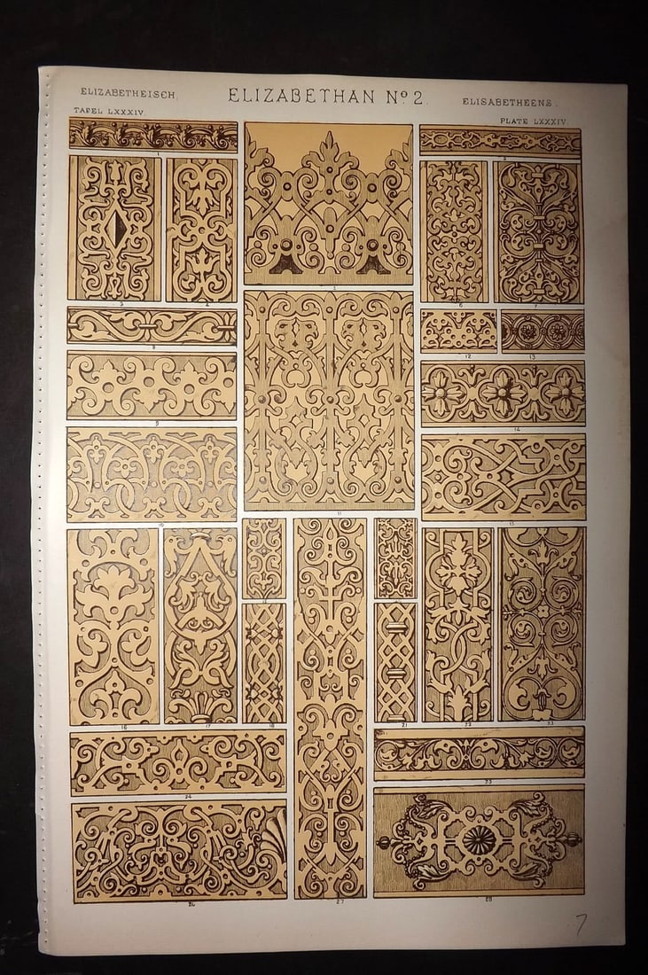 Jones, Owen 1910 Folio Design Print. Elizabethan No. 2: Chromolithograph Published 1910 by Bernard Quaritch, London for "The Grammar of Ornament" by Owen Jones. Paper Size: 13 x 9 inch (33 x 23cm) Good Condition