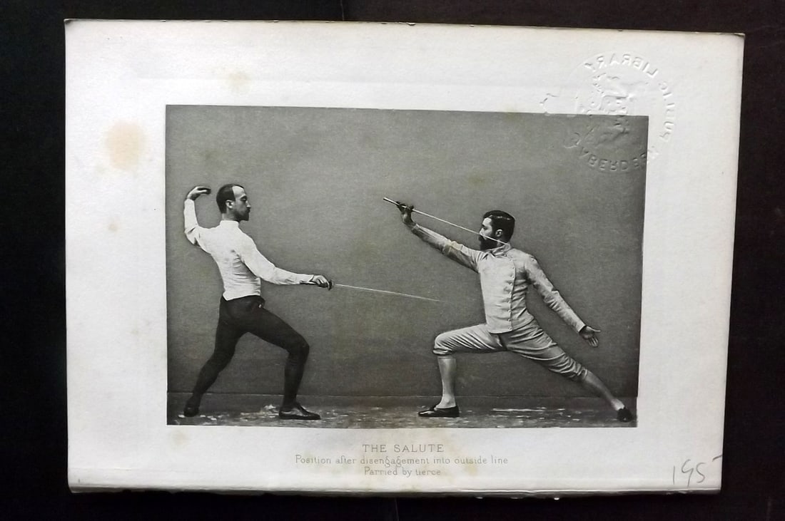 Badminton Library 1889 Antique Sword Fencing Print. The Salute, Position after disengagement.: Photogravure Published 1889, London for "The Badminton Library of Sports and Pastimes..." by Walter H. Pollock, E. B. Michell, and Walter Armstrong.Paper Size: 7.5 x 5 inch (19 x 13cm) Discrete Librar