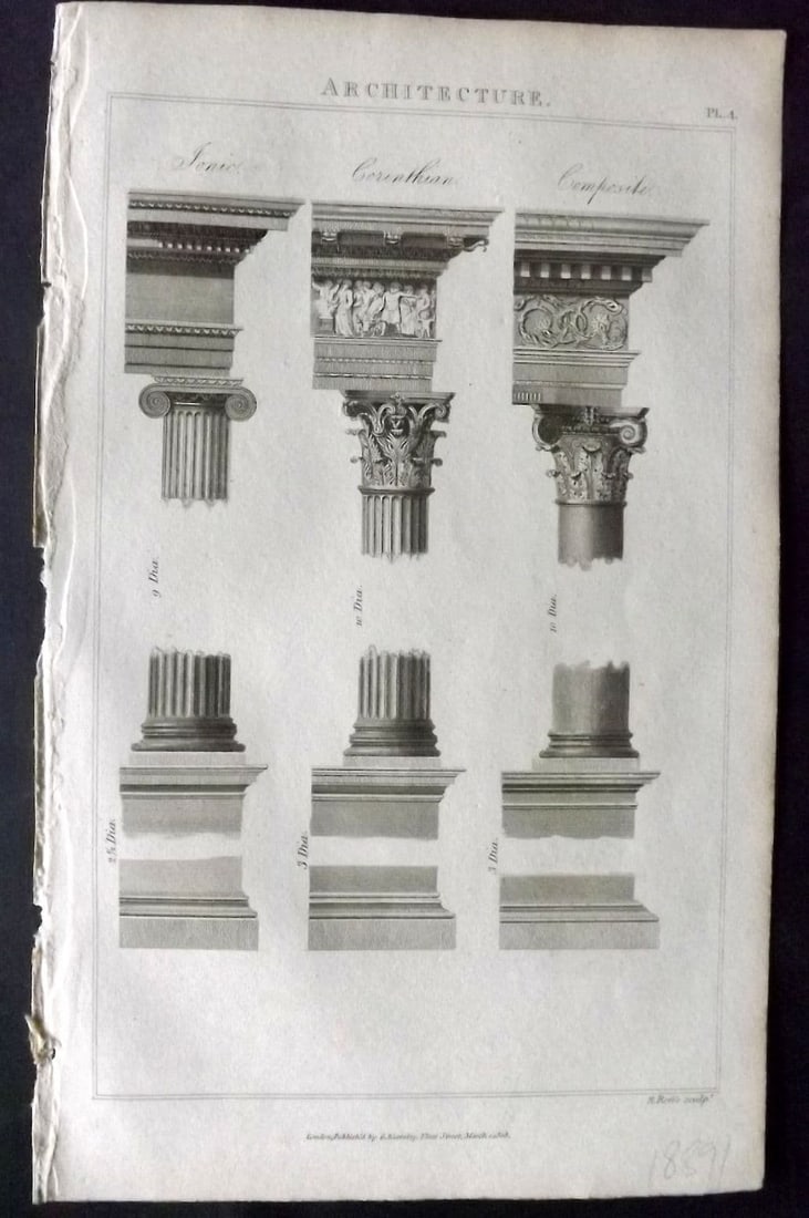 Good, John 1813 Antique Print. Architecture Columns 04: Antique Copper Plate Published 1806-13, London for "Pantologia: A New Cyclopaedia, Comprehending a Complete Series of Essays" by John Mason Good et al. Paper Size: 9.5 x 6 inch (24 x 15cm) Good Condit