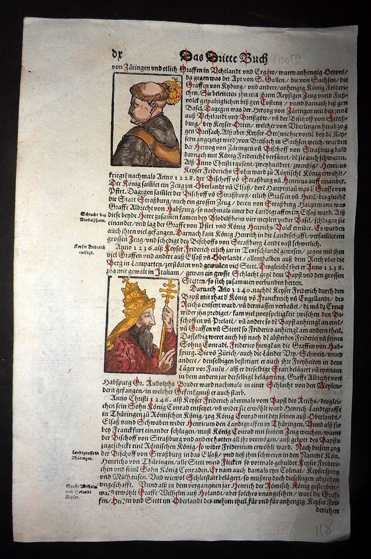 Munster, Sebastian 1588 Early Hand Col Woodcut. Pope Innocent IV & Emperor Friedrich II: Contemporary Hand Colored Woodcut Published 1588, Basel for the "Cosmographia" by Sebastian Munster. Printed both sides. Paper Size: 12 x 8 inch (30 x 20cm) Approx. Good Condition