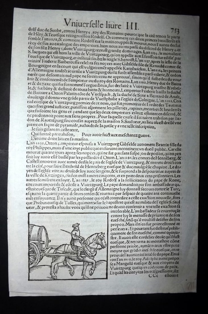 Munster, Sebastian 1552 Early Woodcut. Horse and Cart: Woodcut Published 1552, Basel for the "Cosmographia" by Sebastian Munster. Printed both sides. Paper Size: 11 x 7.5 inch (28 x 19cm) Approx. Good Condition