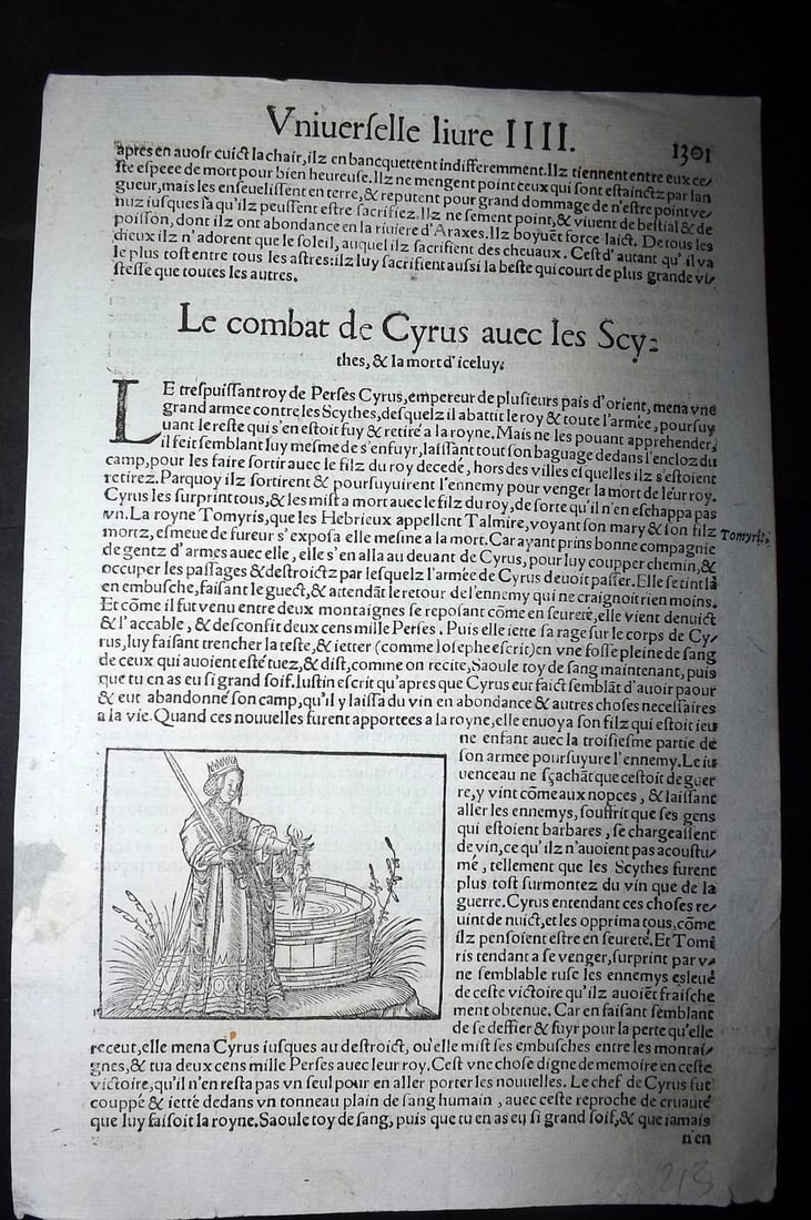 Munster, Sebastian 1552 Early Woodcut. Death of Cyrus by Queen Tomyris, decapitated head: Woodcut Published 1552, Basel for the "Cosmographia" by Sebastian Munster. Printed both sides. Paper Size: 11 x 7.5 inch (28 x 19cm) Approx. Good Condition