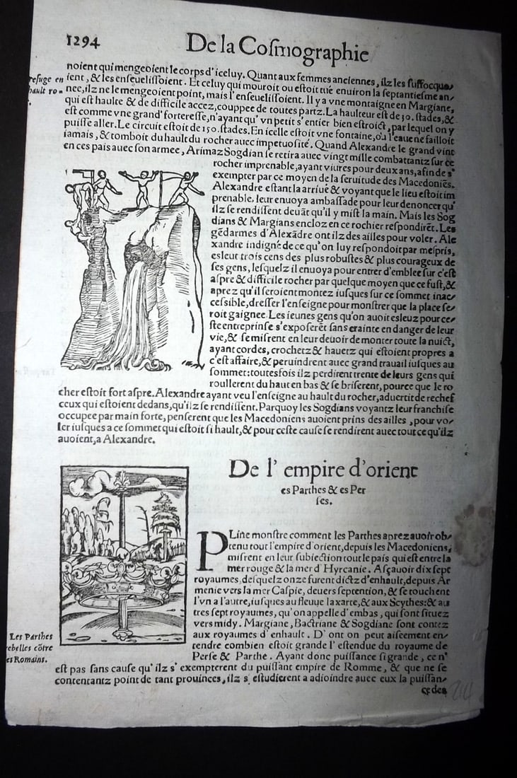 Munster, Sebastian 1552 Early Woodcut. Death of Alexander the Great, Suspended Crown. Persia: Woodcut Published 1552, Basel for the "Cosmographia" by Sebastian Munster. Printed both sides. Paper Size: 11 x 7.5 inch (28 x 19cm) Approx. Good Condition