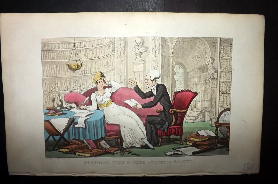 Rowlandson, Thomas 1855 HCol Doctor Syntax Satire Print. Dr Syntax with a Blue Stocking Beauty (1 of 1)