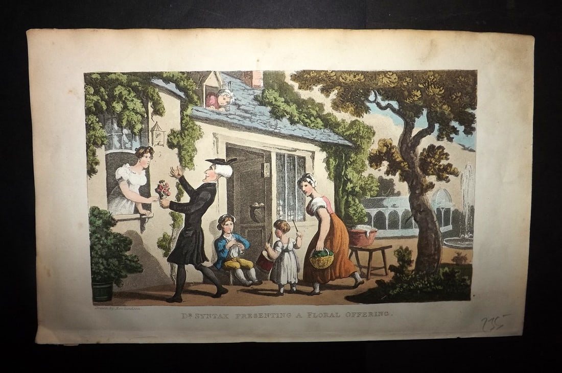 Rowlandson, Thomas 1855 HCol Doctor Syntax Satire Print. Dr Syntax presenting a Floral Offering (1 of 1)