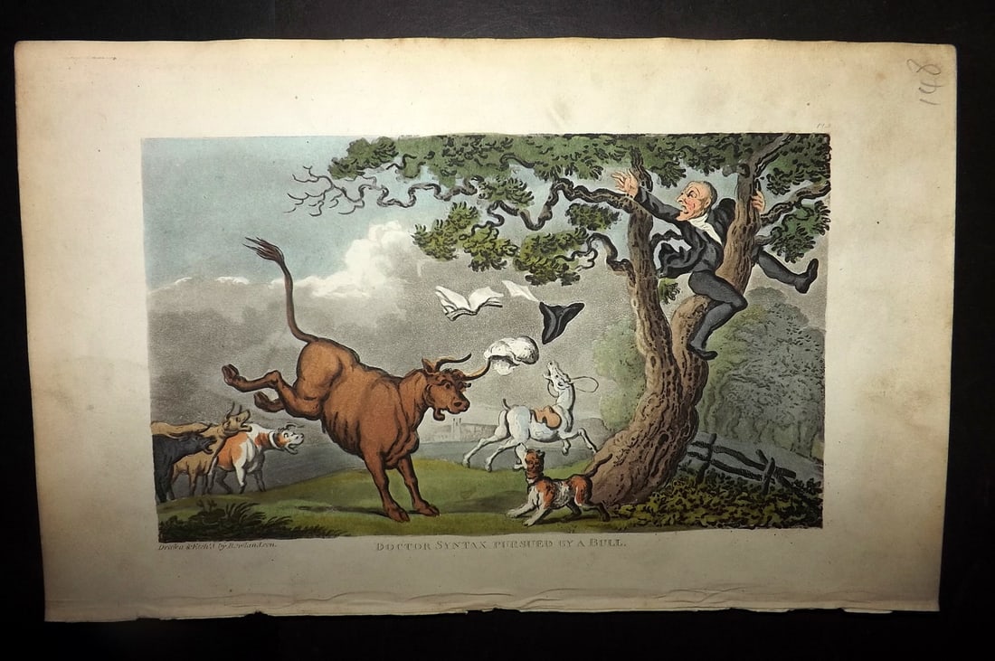 Rowlandson, Thomas 1855 HCol Doctor Syntax Satire Print. Persued by a Bull (1 of 1)