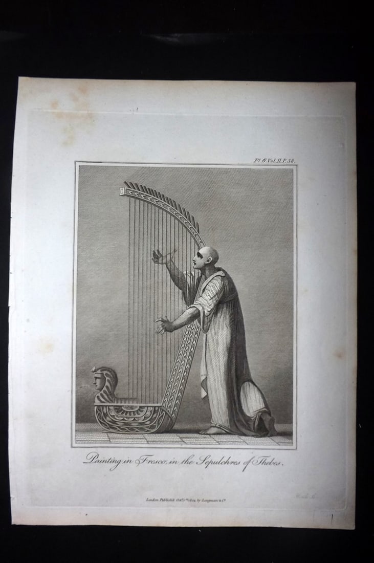Bruce, James 1813 Print. Painting in Fresco in the Sepulchres of Thebes. Egypt Harp: Copper Plate Published 1813, Edinburgh for "Travels to discover the source of the Nile" by James Bruce. Paper Size: 12 x 9 inch (30 x 23cm) Very minor margin toning. Good Condition