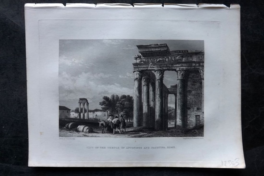 Costello, Dudley - Piedmont and Italy 1861 Print. Temple of Antoninus & Paustina, Rome: Antique Steel Engraving Published 1861, London for "Piedmont and Italy, from the Alps to the Tiber..." by Dudley Costello. Illustrated by Bartlett, Brockedon and others. Paper Size: 10.5 x 8 inch (27 