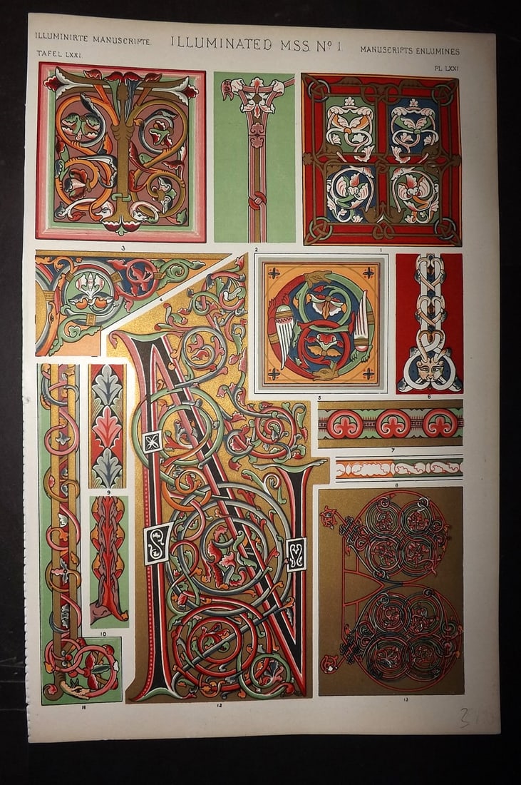 Jones, Owen 1910 Folio Design Print. Illumintated Manuscript No. 1: Chromolithograph Published 1910 by Bernard Quaritch, London for "The Grammar of Ornament" by Owen Jones. Paper Size: 13 x 9 inch (33 x 23cm) Good Condition