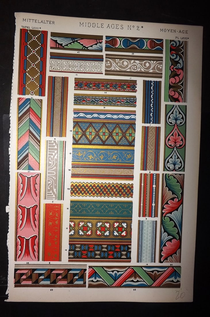 Jones, Owen 1910 Architectural Design Print. Middle Ages No. 2*: Chromolithograph Published 1910 by Bernard Quaritch, London for "The Grammar of Ornament" by Owen Jones. Paper Size: 13 x 9 inch (33 x 23cm) Good Condition
