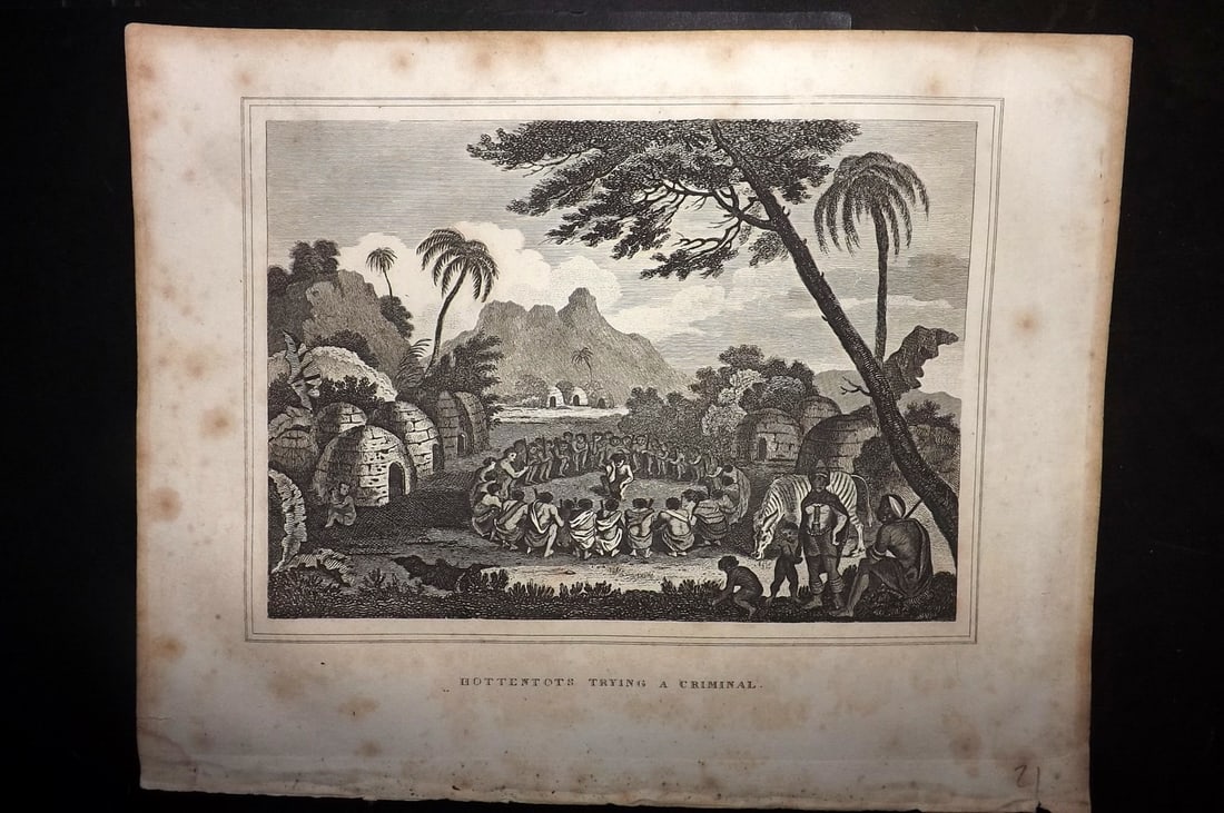 Kelly, Christopher 1829 Antique Print. Hottentots tring a Criminal. South Africa: Copper Plate Published 1829, London for "A New and Complete System of Universal Geography" by Christopher Kelly. Paper Size: 10 x 8 inch (26 x 20cm) Some toning present