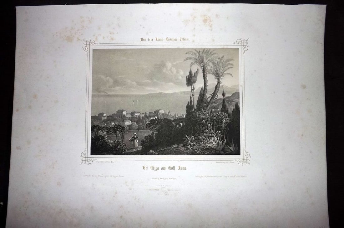 King Ludwig Album 1850's Folio Print. Golfe-Juan, French Riviera, Cannes France (1 of 2)