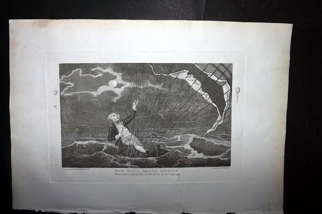 Polehampton 1823 Maj. Mony's Perilous Adventure. Great Yarmouth Balloon Crash: Copper Plate Published 1823, London for "The Gallery of Nature and Art: or, A Tour Through Creation and Science" by the Rev. Edward Polehampton & John M. Good. Paper Size: 10 x 7 inch (26 x 18cm) Bott