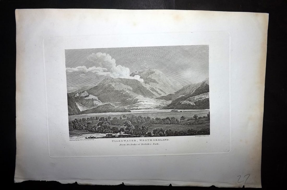 Polehampton 1823 Antique Print. Ulleswater, Westmoreland, Lake District: Copper Plate Published 1823, London for "The Gallery of Nature and Art: or, A Tour Through Creation and Science" by the Rev. Edward Polehampton & John M. Good. Paper Size: 10 x 7 inch (26 x 18cm) Good