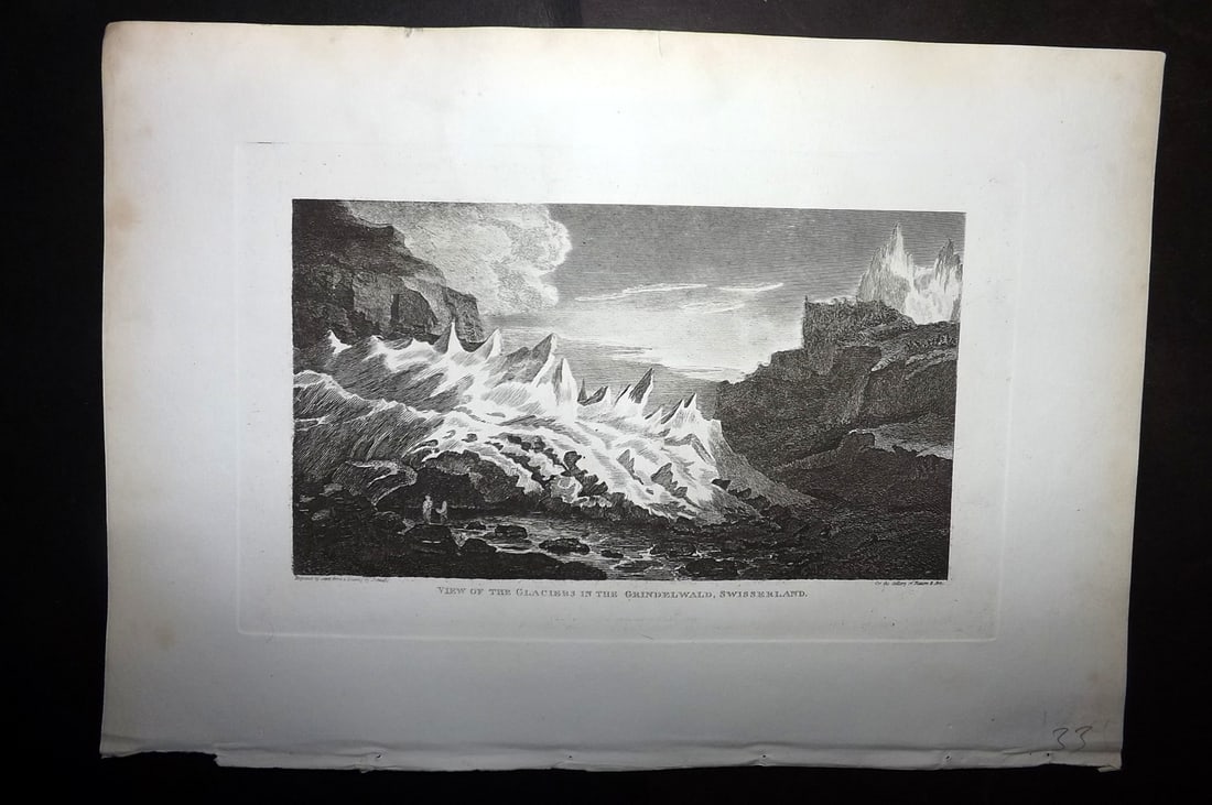 Polehampton, Edward 1823 Print. View of the Glaciers in the Grindelwald Switzerland: Copper Plate Published 1823, London for "The Gallery of Nature and Art: or, A Tour Through Creation and Science" by the Rev. Edward Polehampton & John M. Good. Paper Size: 10 x 7 inch (26 x 18cm) Good