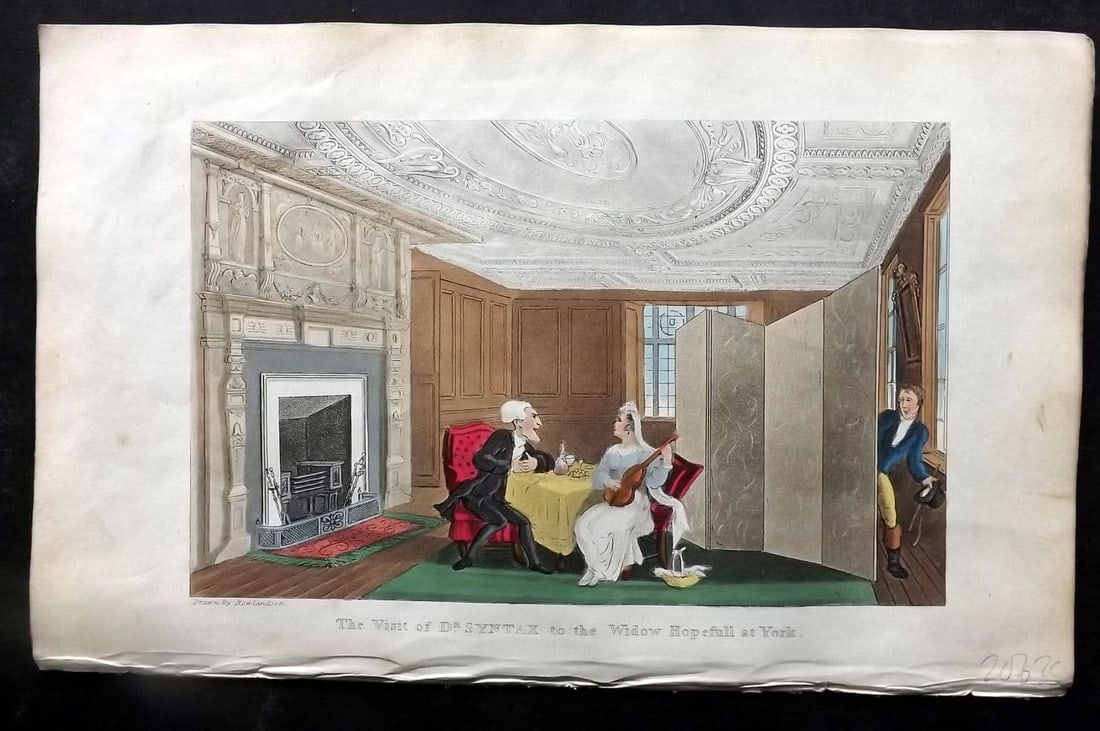 Rowlandson Doctor Syntax 1855 HCol Print. Visit to Widow Hopefull at York: Aquatint Published 1855, London for "The Three Tours of Doctor Syntax" by William Combe. Illustrated by Thomas Rowlandson. Fine hand colour as issued. Paper Size: 10 x 6 inch (25 x 16cm) Very minor ma