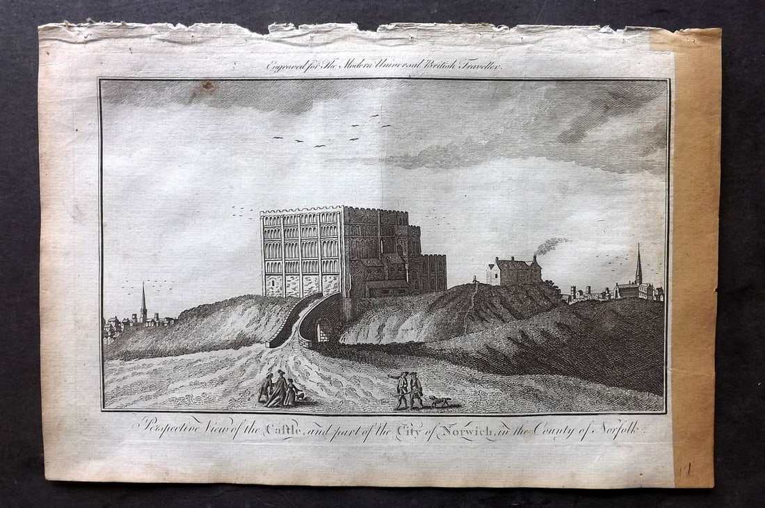 Burlington, Charles 1779 Folio Print. Castle & Part of the City of Norwich: Folio Copper Plate Published 1779 by J. Cooke, London for "The Modern Universal British Traveller or, a New, Complete, and Accurate tour Through England, Wales, Scotland, and the Neighbouring Islands"