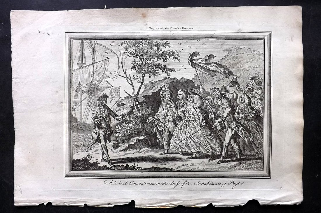 Drake, Edward 1768 Folio Print. Peru - Admiral Ansons Men in the dress of inhabitants of Payta: Copper Plate Published 1768 by J.Cooke, London for "A New Universal Collection of Authentic and Entertaining Voyages and Travels" (Drake's Voyages) By Edward Cavendish Drake. Paper Size: 16 x 9 inch (