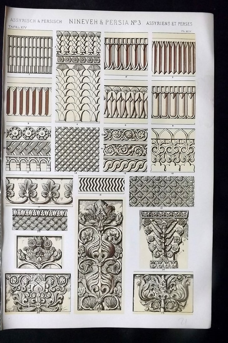 Jones, Owen 1910 Design Print. Nineveh & Persia No. 3: Chromolithograph Published 1910 by Bernard Quaritch, London for "The Grammar of Ornament" by Owen Jones. Paper Size: 13 x 9 inch (33 x 23cm) Good Condition