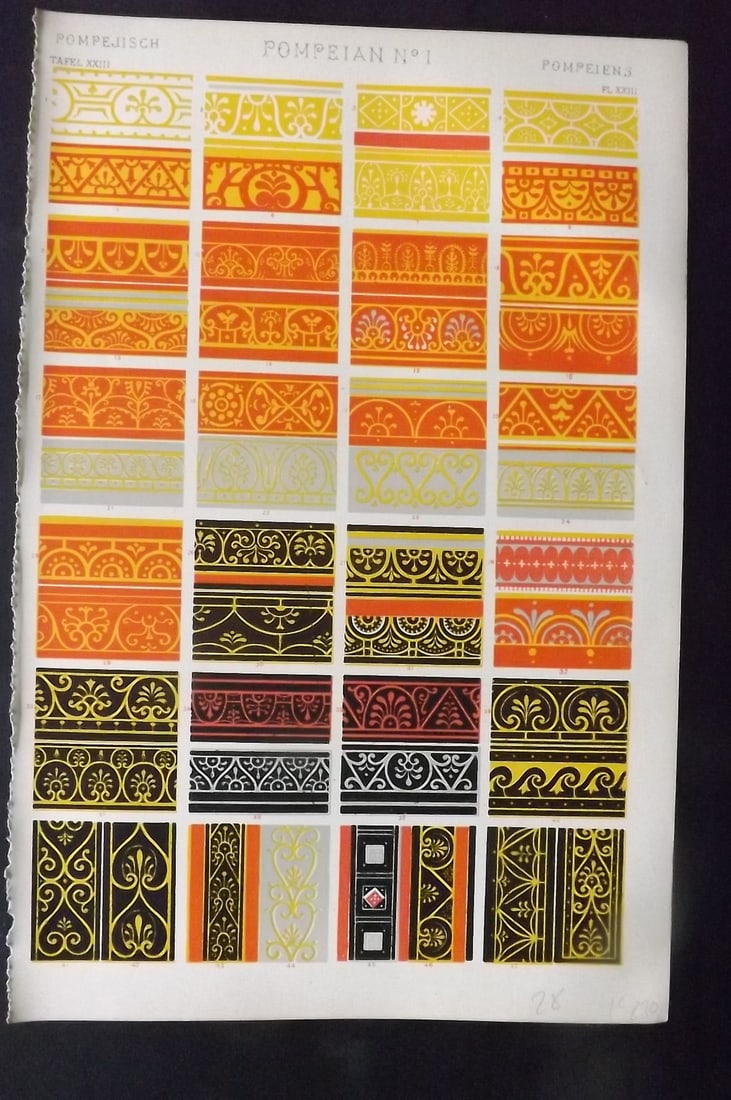 Jones, Owen 1910 Design Print. Pompeian No. 1: Chromolithograph Published 1910 by Bernard Quaritch, London for "The Grammar of Ornament" by Owen Jones. Paper Size: 13 x 9 inch (33 x 23cm) Good Condition