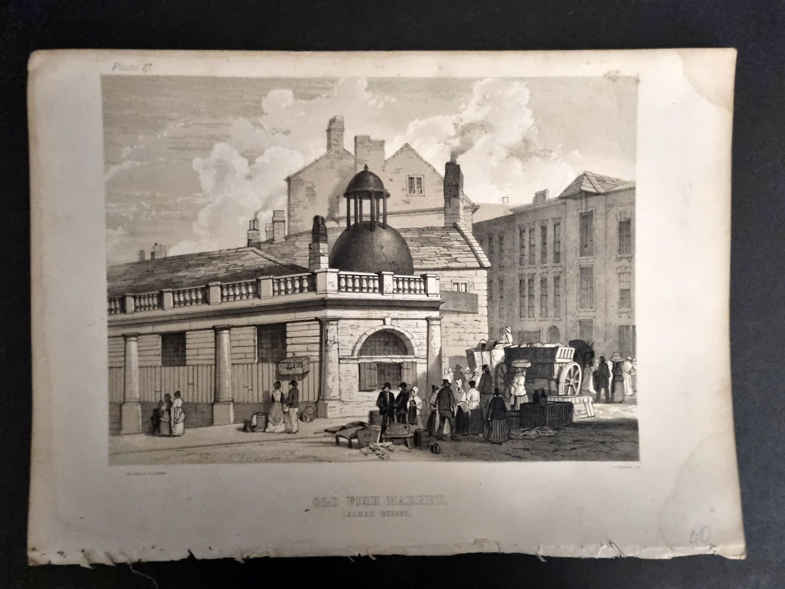 Herdman - Liverpool 1856 Folio Print. Old Fish Markey, James Street: Folio Lithograph Published 1856, London & Liverpool for "Pictorial Relics of Ancient Liverpool..." by William Gawin Herdman. Illustrated by the author and Lithographed by Greenwood. Paper Size: 14.5 x
