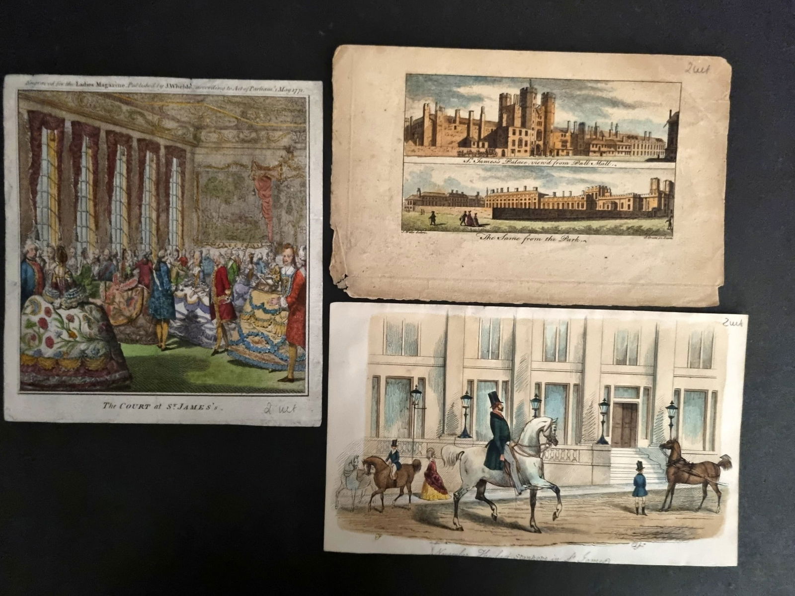 London 18th-19th Cent. Lot of 3 Hand Coloured Prints: Hand Colored Etching and Copper Plates. Examples by Wale/Green and others. Paper Size: Up to 7 x 6.5 inch (18 x 16.5cm) Good condition overall