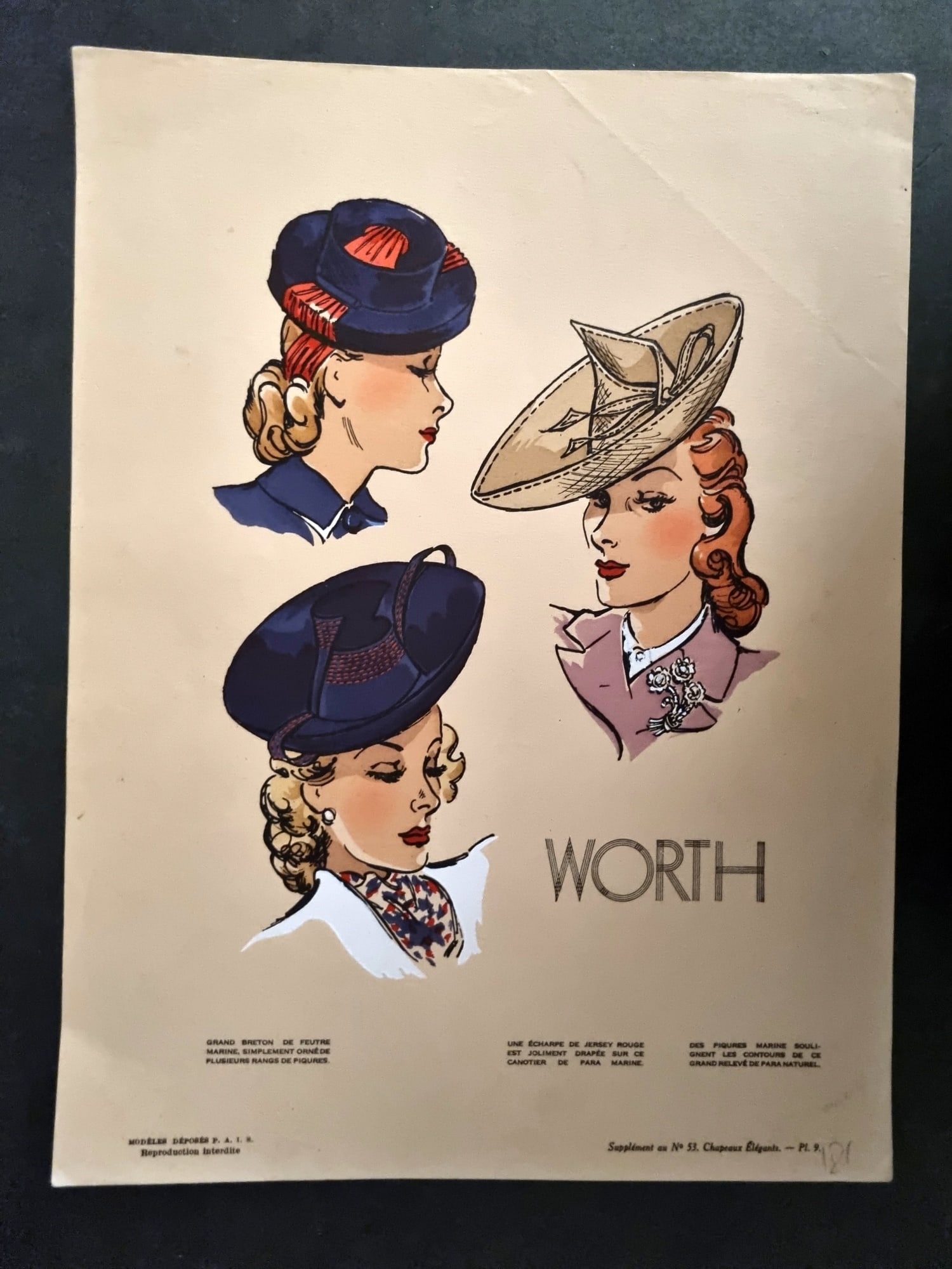 Chapeaux Elegances 1930's Folio Hat Design Print. Worth, Vintage Fashion Plate: Vintage Lithograph Published 1917-1940's, Paris for "Les Chapeaux des Elegances" Uncommon. Paper Size: 12.5 x 9.5 inch (32 x 24cm) Good Condition