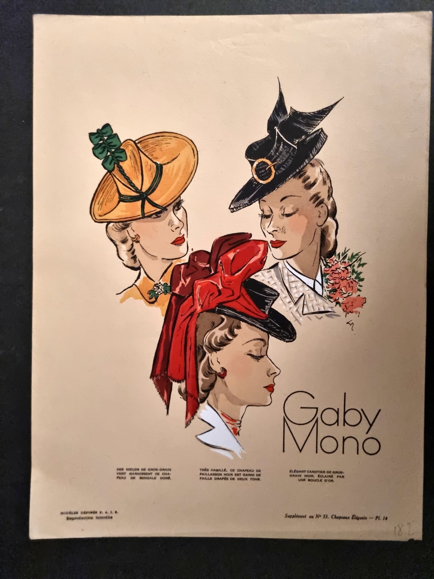Chapeaux Elegances 1930's Folio Hat Design Print. Gaby Mono, Vintage Fashion Plate (1 of 1)
