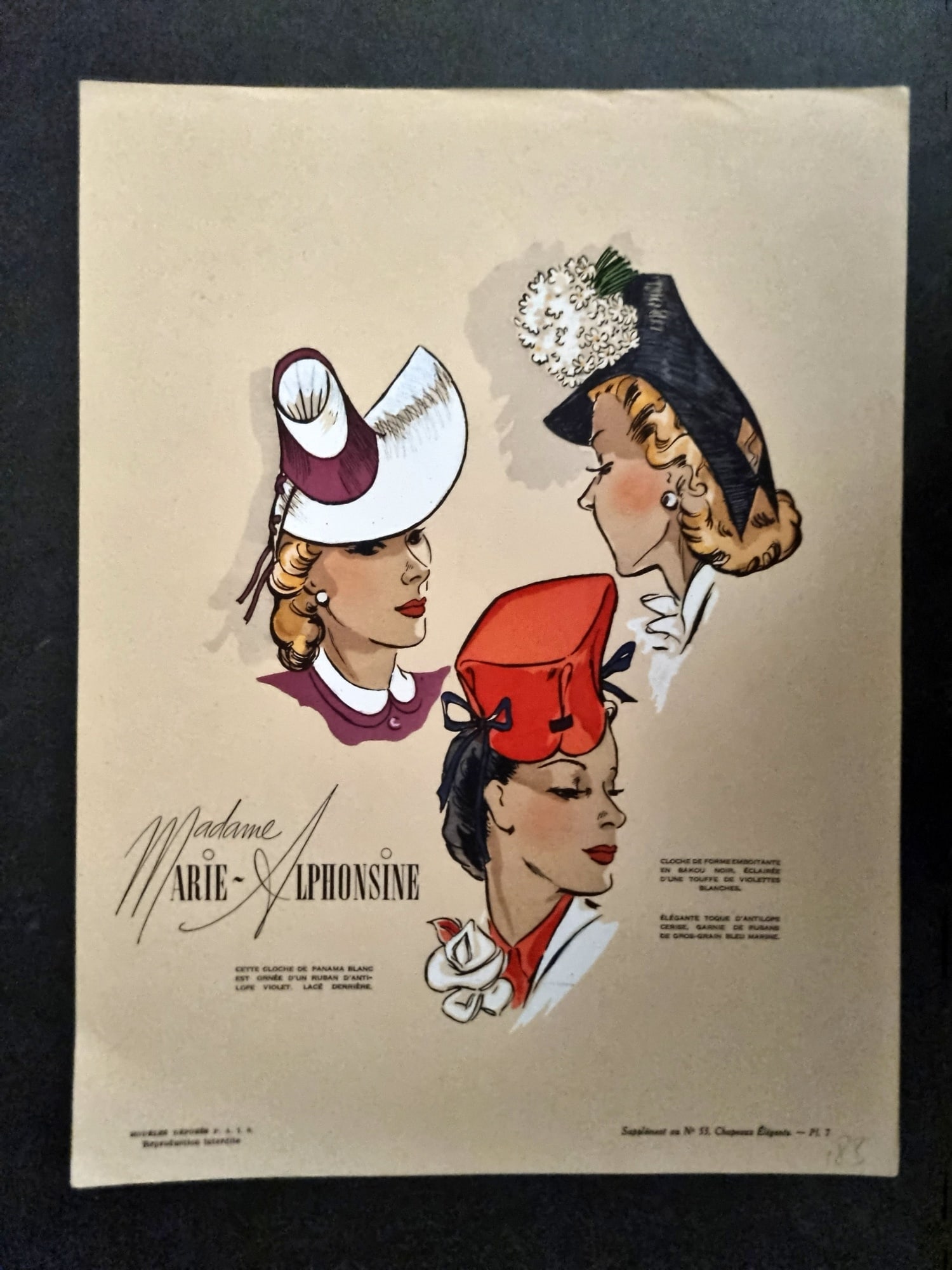 Chapeaux Elegances 1930's Folio Hat Design Print. Madame Marie Alphonsine, Vintage Fashion Plate: Vintage Lithograph Published 1917-1940's, Paris for "Les Chapeaux des Elegances" Uncommon. Paper Size: 12.5 x 9.5 inch (32 x 24cm) Good Condition