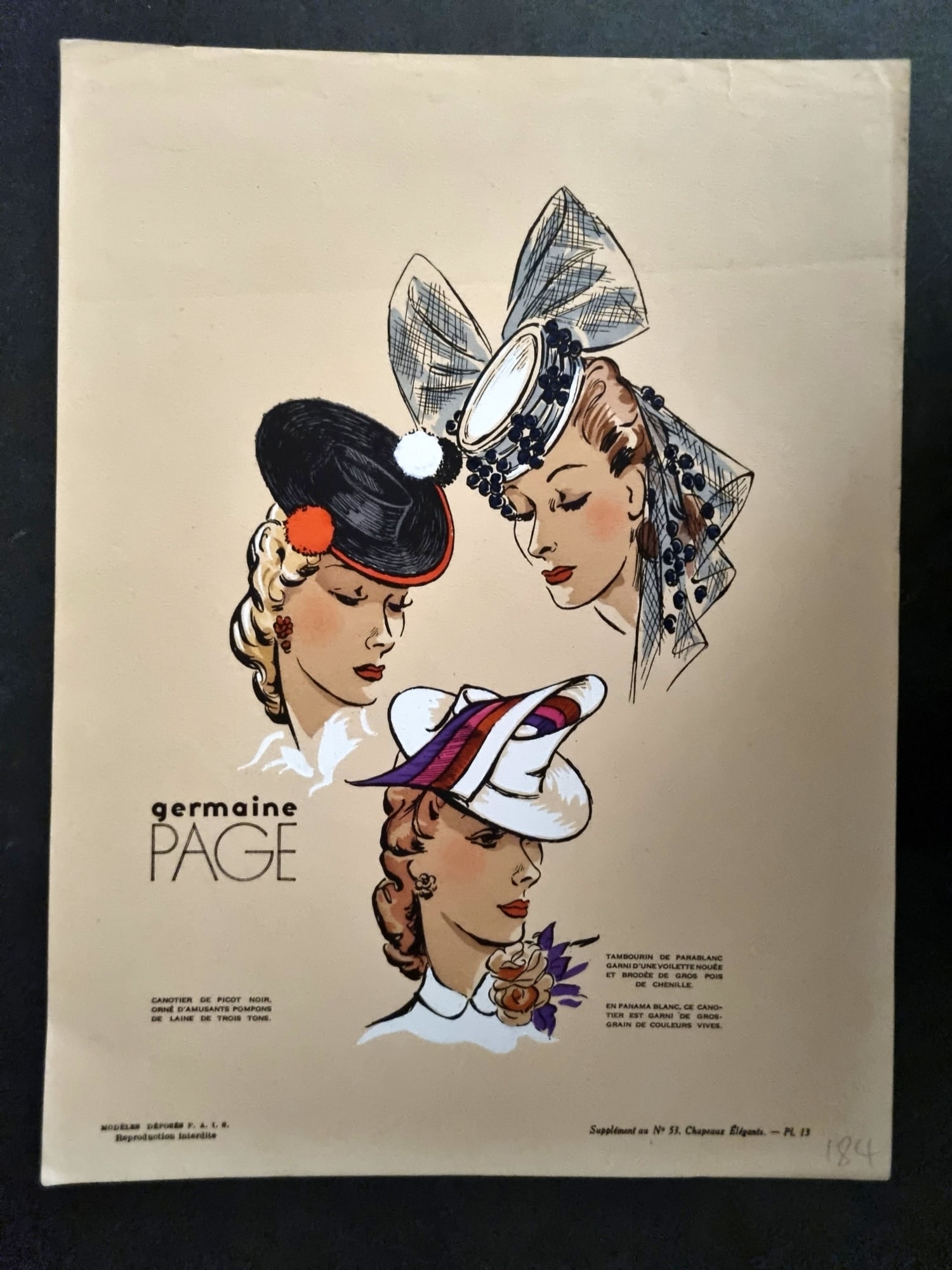 Chapeaux Elegances 1930's Folio Hat Design Print. Germaine Page, Vintage Fashion Plate (1 of 1)