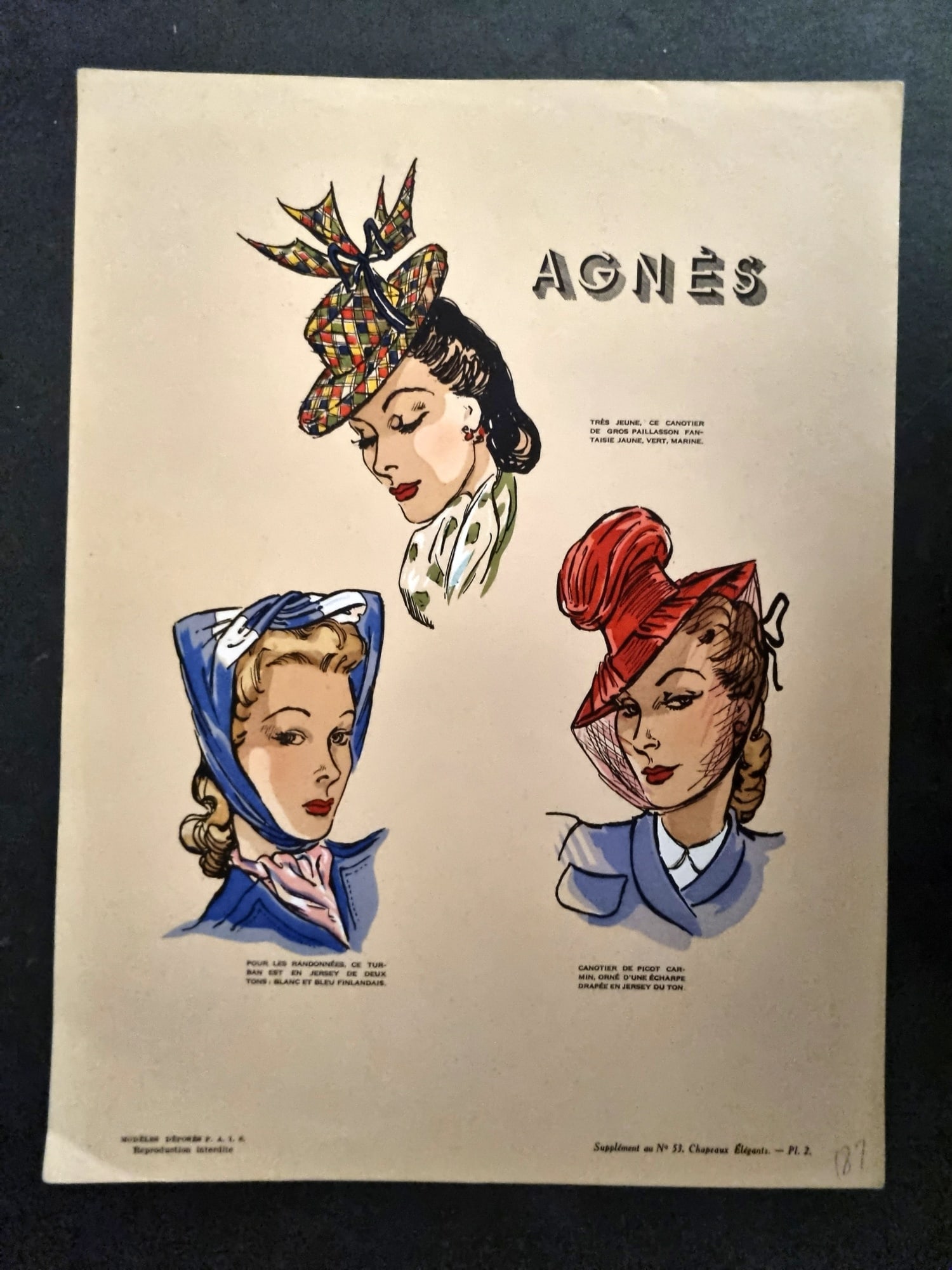 Chapeaux Elegances 1930's Folio Hat Design Print. Agnes, Vintage Fashion Plate: Vintage Lithograph Published 1917-1940's, Paris for "Les Chapeaux des Elegances" Uncommon. Paper Size: 12.5 x 9.5 inch (32 x 24cm) Good Condition
