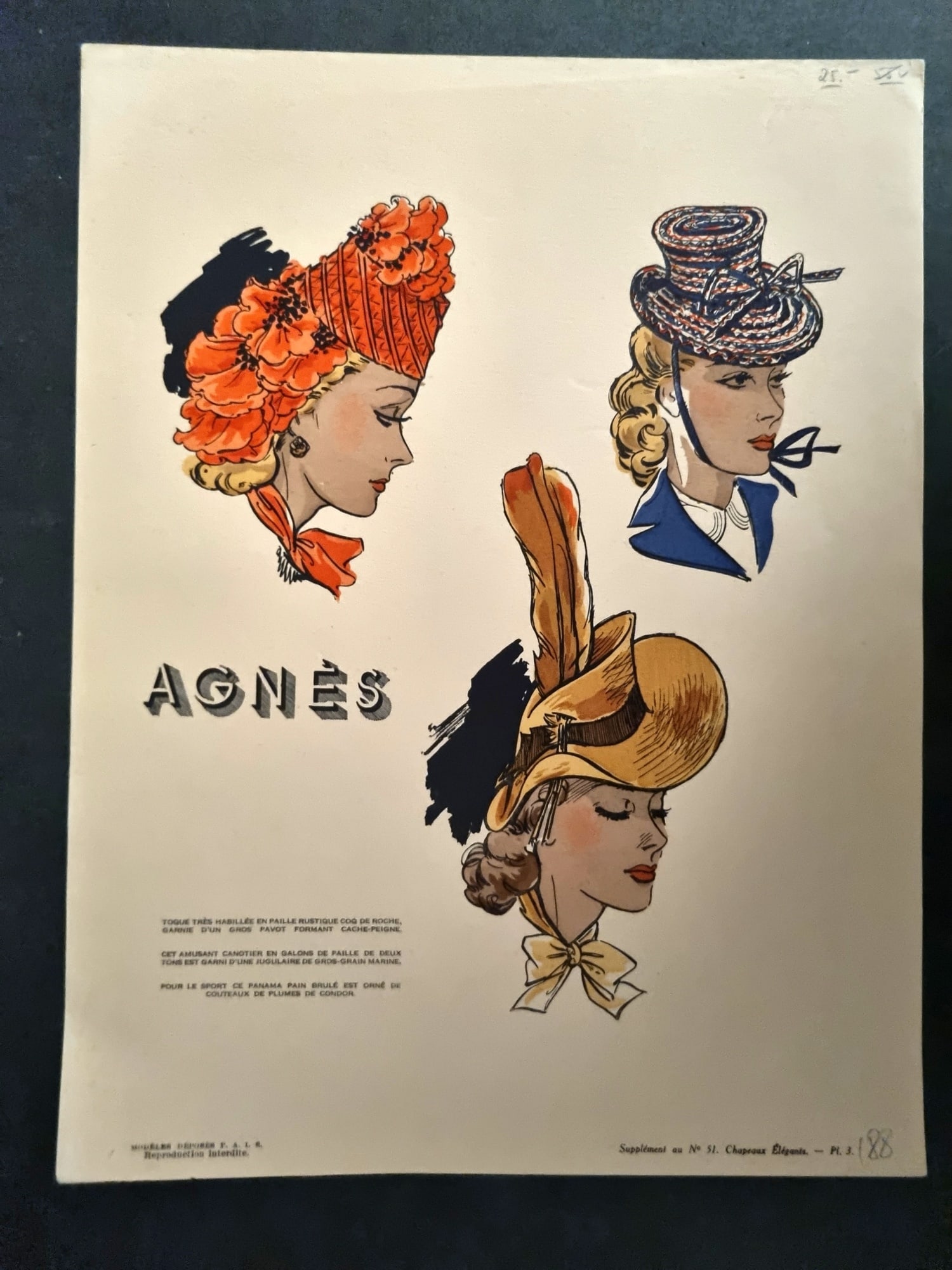 Chapeaux Elegances 1930's Folio Hat Design Print. Agnes, Vintage Fashion Plate: Vintage Lithograph Published 1917-1940's, Paris for "Les Chapeaux des Elegances" Uncommon. Paper Size: 12.5 x 9.5 inch (32 x 24cm) Good Condition