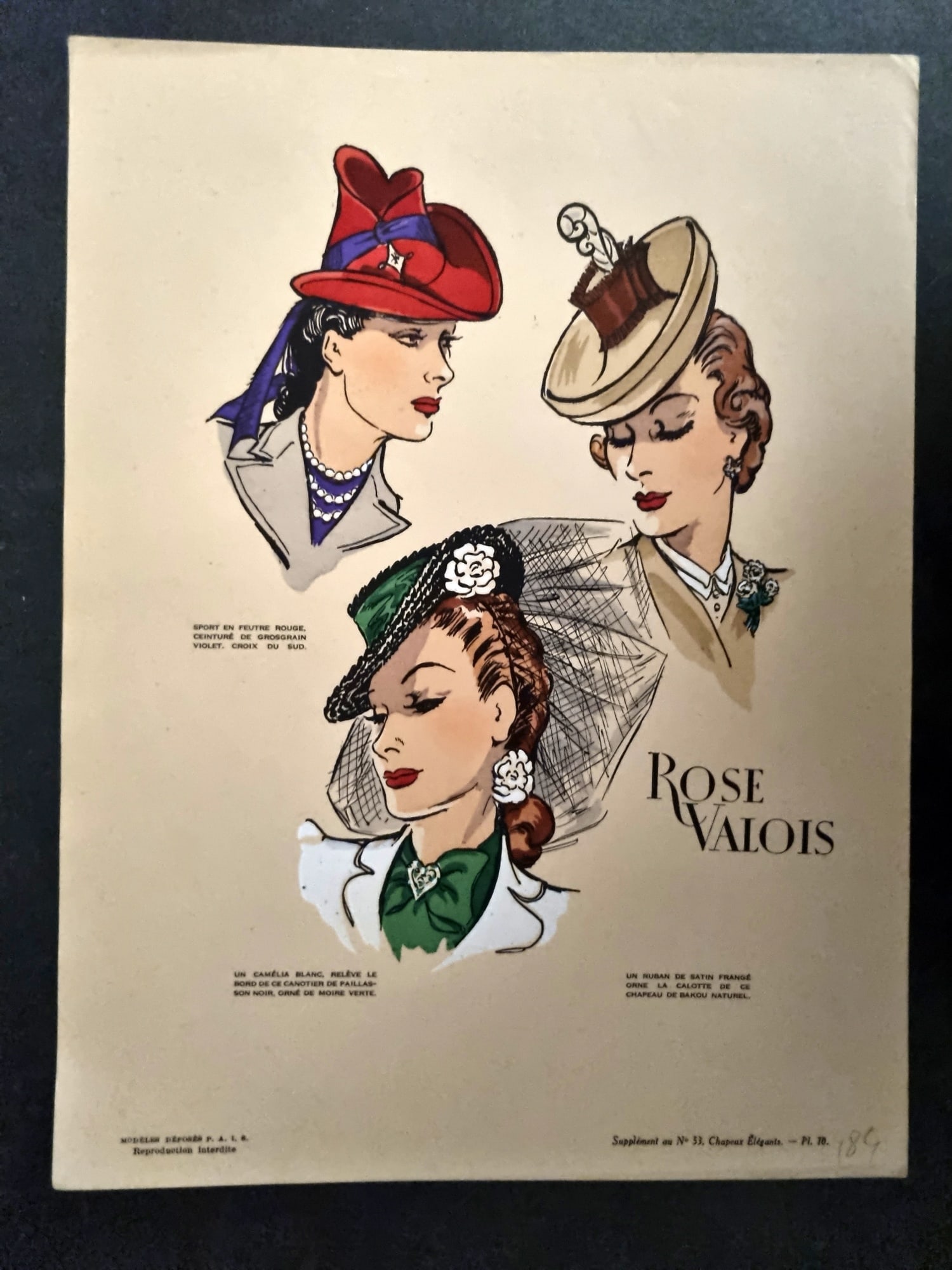 Chapeaux Elegances 1930's Folio Hat Design Print. Rose Valois, Vintage Fashion Plate (1 of 1)