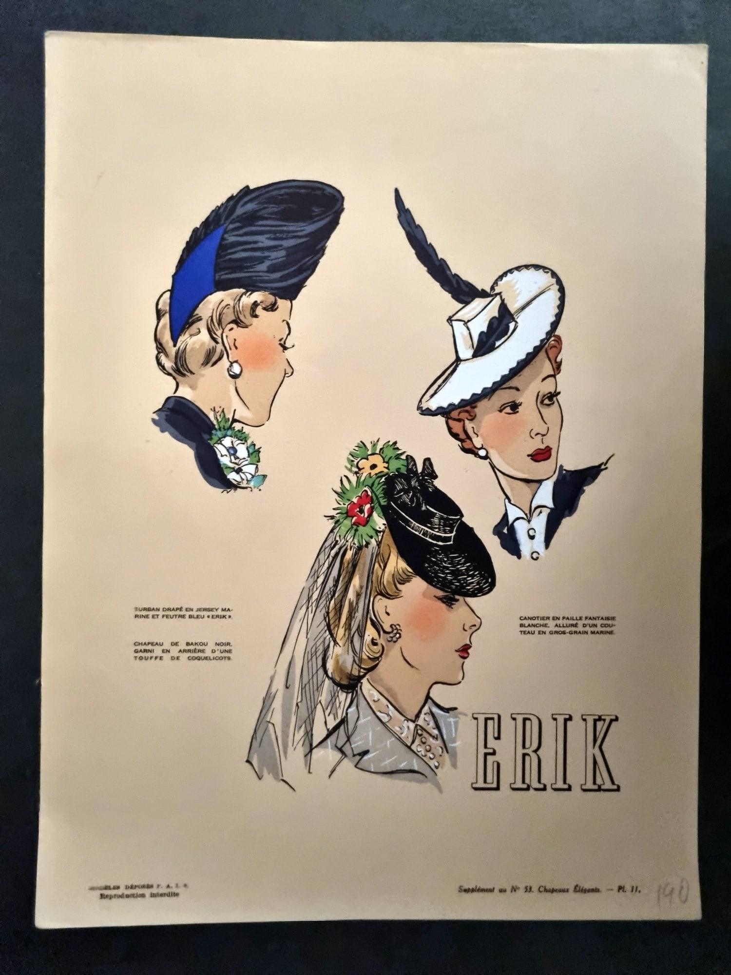 Chapeaux Elegances 1930's Folio Hat Design Print. Erik, Vintage Fashion Plate: Vintage Lithograph Published 1917-1940's, Paris for "Les Chapeaux des Elegances" Uncommon. Paper Size: 12.5 x 9.5 inch (32 x 24cm) Good Condition