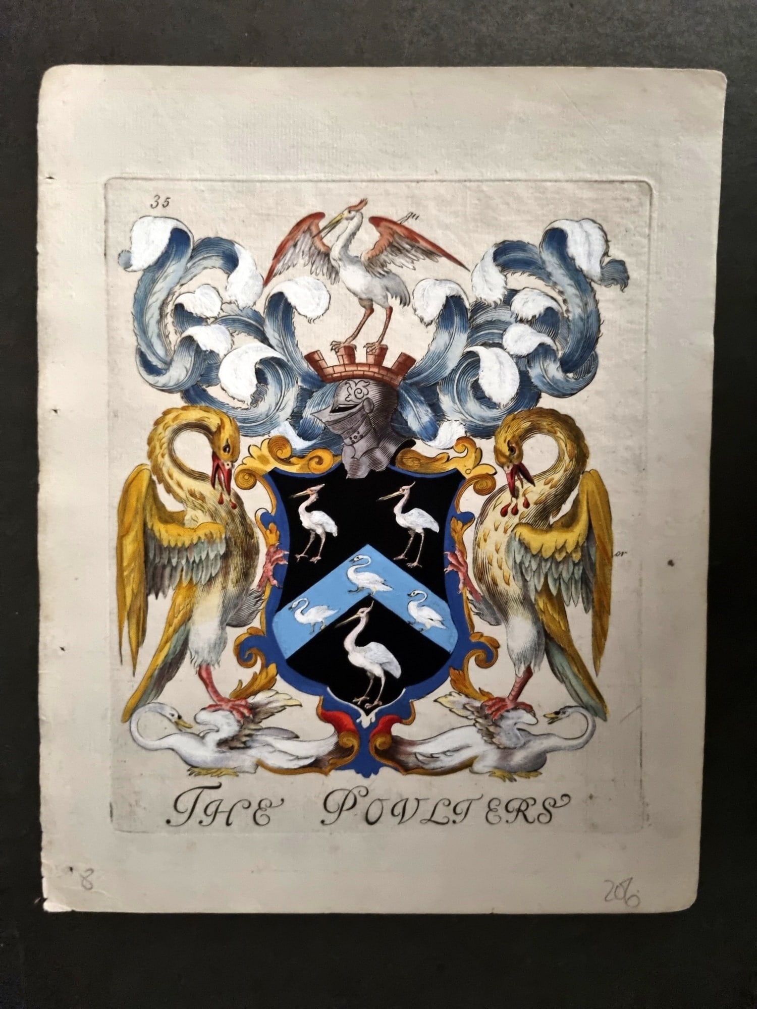 Lyne & Wallis 1741 Fine Hand Col City of London Coat of Arms Print. Poulters: Watercolour & Gouache Hand Colored Copper Plate Published 1741 by Samuel Lyne, London for "Heraldry Display'd, or London's Armory?" Based on Richard Wallis's earlier work "London's Armoury" Rare. Pape