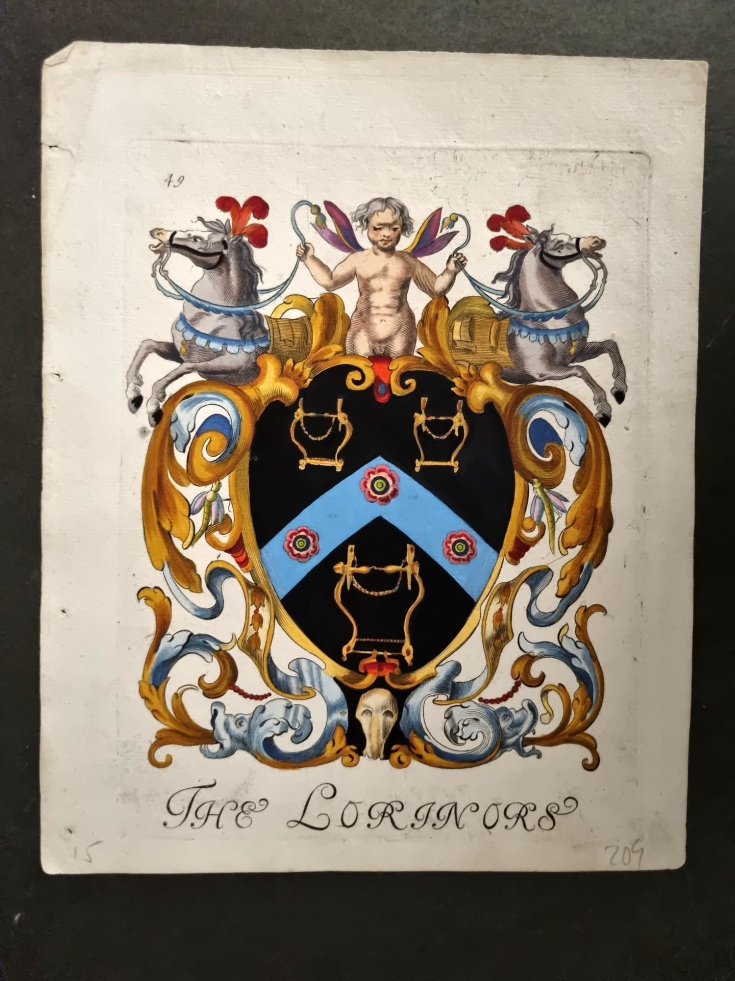 Lyne & Wallis 1741 Fine Hand Col City of London Coat of Arms Print. Loriners: Watercolour & Gouache Hand Colored Copper Plate Published 1741 by Samuel Lyne, London for "Heraldry Display'd, or London's Armory?" Based on Richard Wallis's earlier work "London's Armoury" Rare. Pape