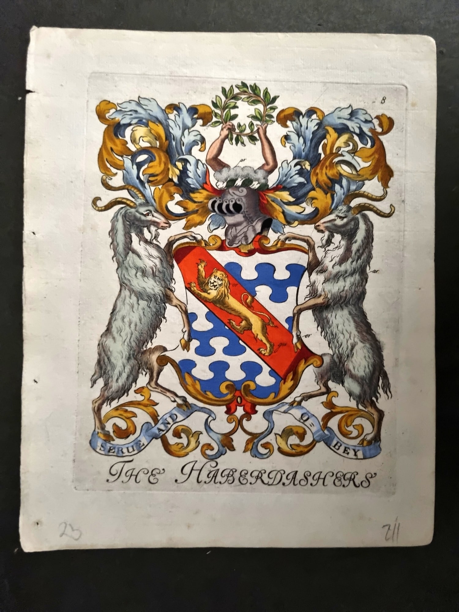 Lyne & Wallis 1741 Fine Hand Col City of London Coat of Arms Print. Haberdashers: Watercolour & Gouache Hand Colored Copper Plate Published 1741 by Samuel Lyne, London for "Heraldry Display'd, or London's Armory?" Based on Richard Wallis's earlier work "London's Armoury" Rare. Pape