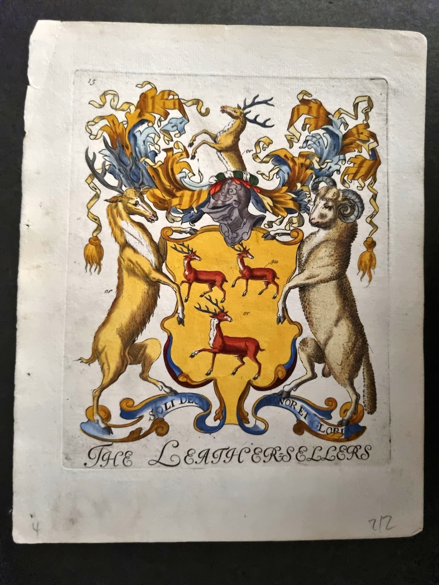Lyne & Wallis 1741 Fine Hand Col City of London Coat of Arms Print. Leathersellers: Watercolour & Gouache Hand Colored Copper Plate Published 1741 by Samuel Lyne, London for "Heraldry Display'd, or London's Armory?" Based on Richard Wallis's earlier work "London's Armoury" Rare. Pape
