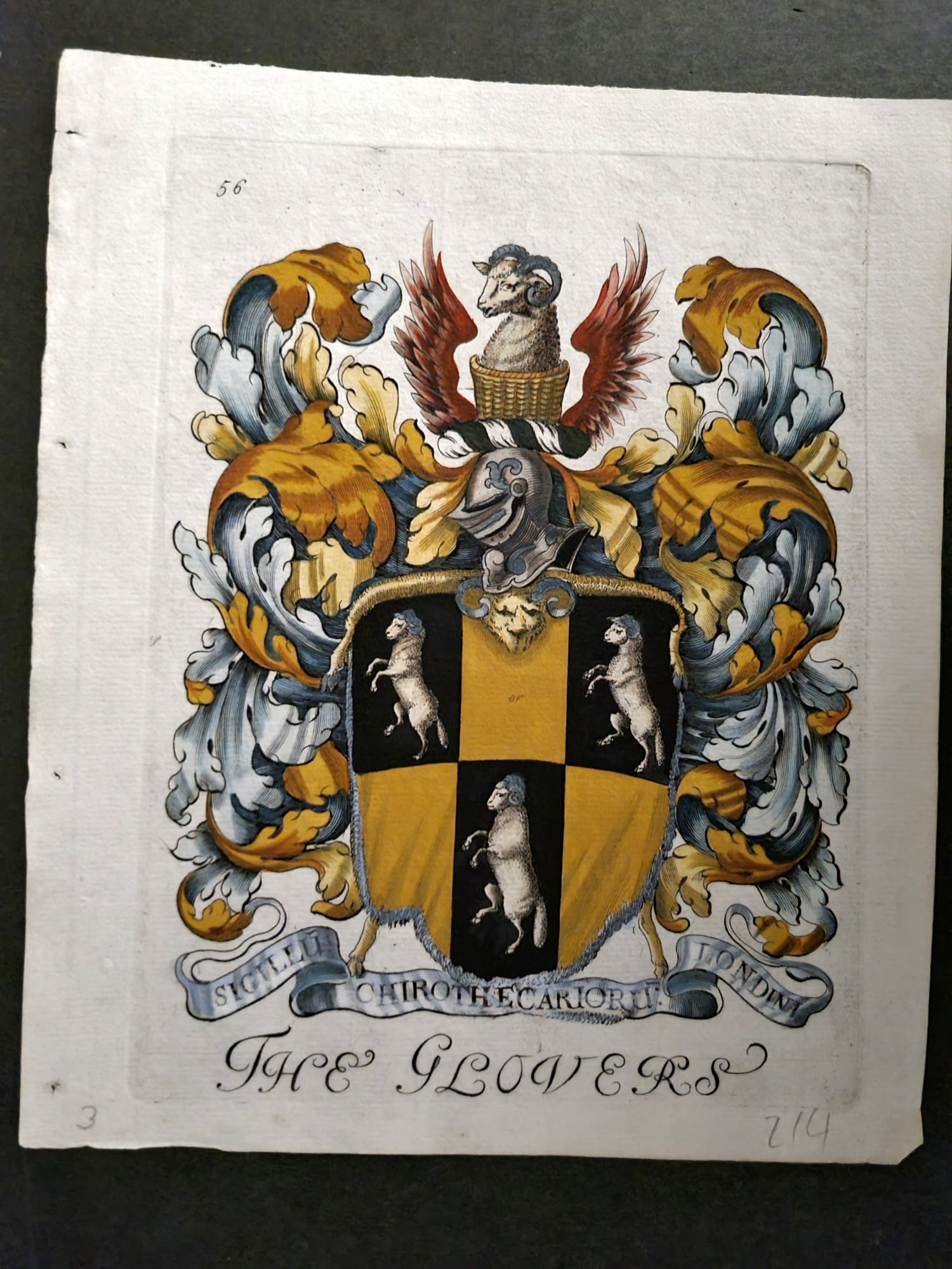 Lyne & Wallis 1741 Fine Hand Col City of London Coat of Arms Print. Glovers: Watercolour & Gouache Hand Colored Copper Plate Published 1741 by Samuel Lyne, London for "Heraldry Display'd, or London's Armory?" Based on Richard Wallis's earlier work "London's Armoury" Rare. Pape