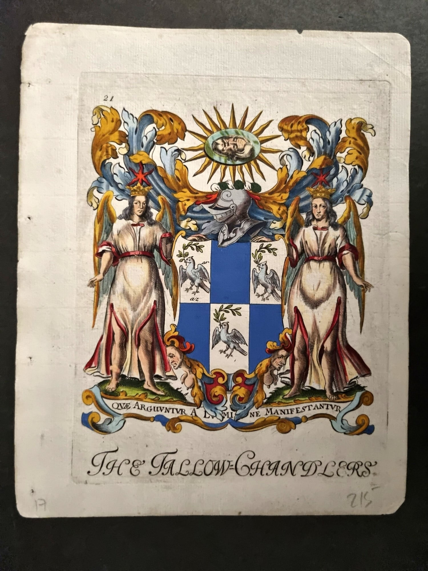Lyne & Wallis 1741 Fine Hand Col City of London Coat of Arms Print. Tallow Chandlers: Watercolour & Gouache Hand Colored Copper Plate Published 1741 by Samuel Lyne, London for "Heraldry Display'd, or London's Armory?" Based on Richard Wallis's earlier work "London's Armoury" Rare. Pape