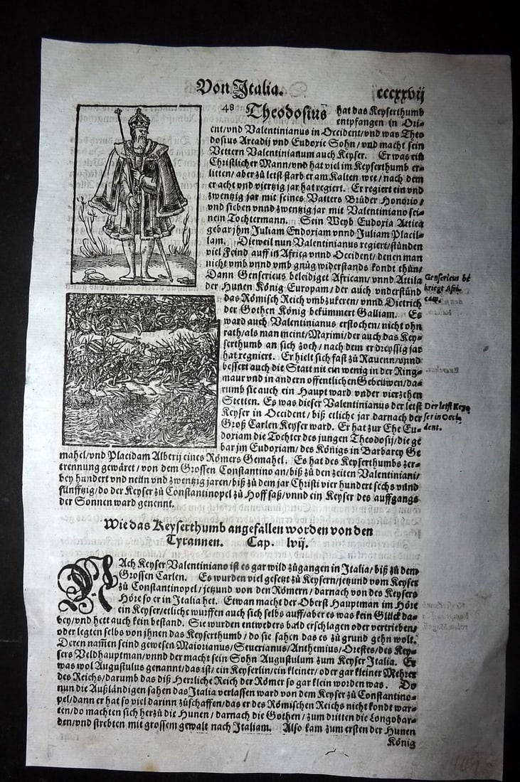 Munster, Sebastian 1578 Early Woodcut. Theodosius I and Barbarian Invasion: Woodcut Published 1578, Basel for the "Cosmographia" by Sebastian Munster. Printed both sides. Paper Size: 12 x 8 inch (30 x 20cm) Good Condition