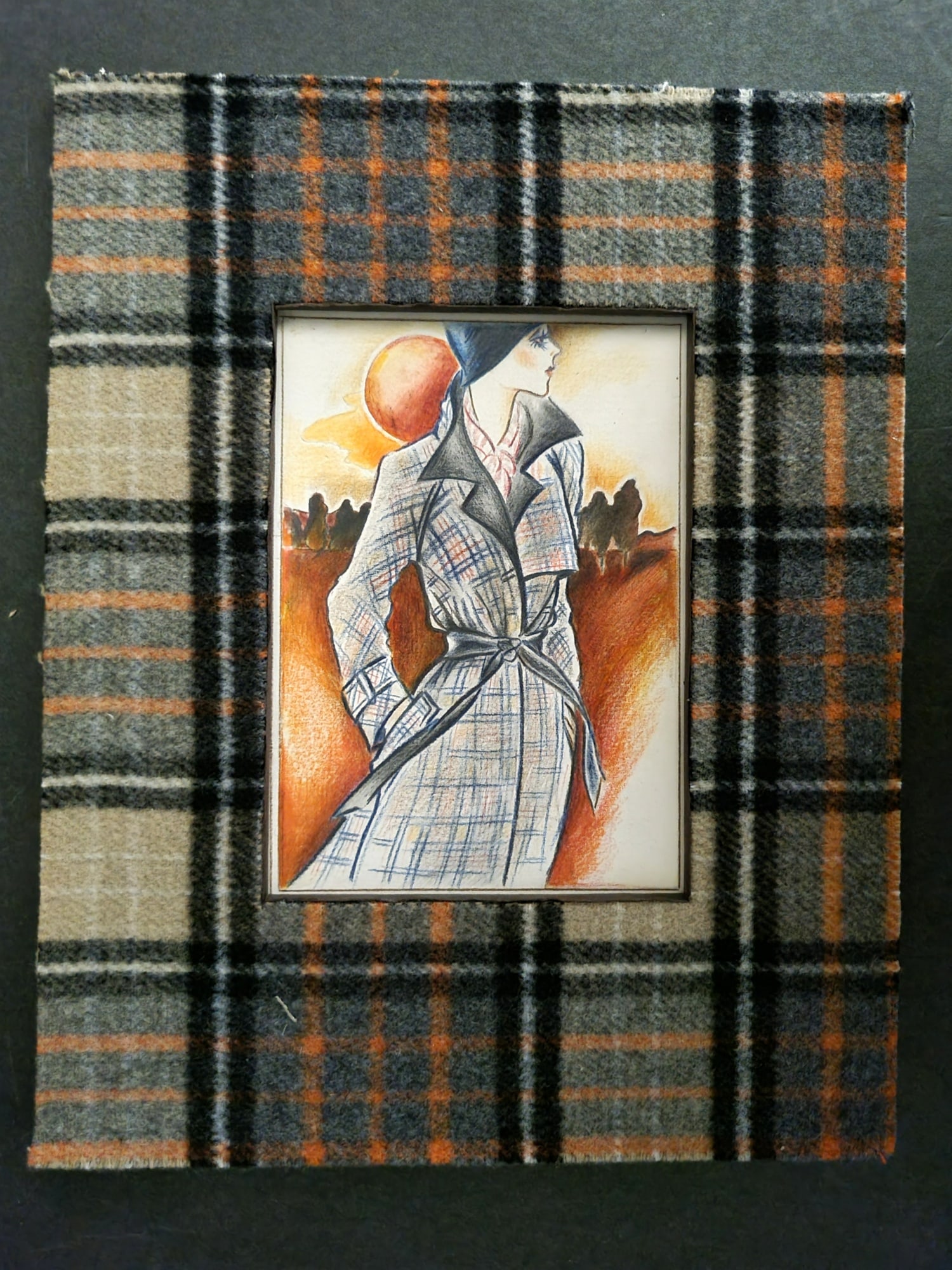 Original Art C1930 Art Deco Fashion in Vintage Fabric Mount: Pencil & Crayon Art Deco Drawing Made in England C1930. Unknown Artist. On Artist's Board. Mointed/Matted with Vintage Fabric Mount. Overall Size: 10 x 8 inch (25 x 20cm) Good Condition