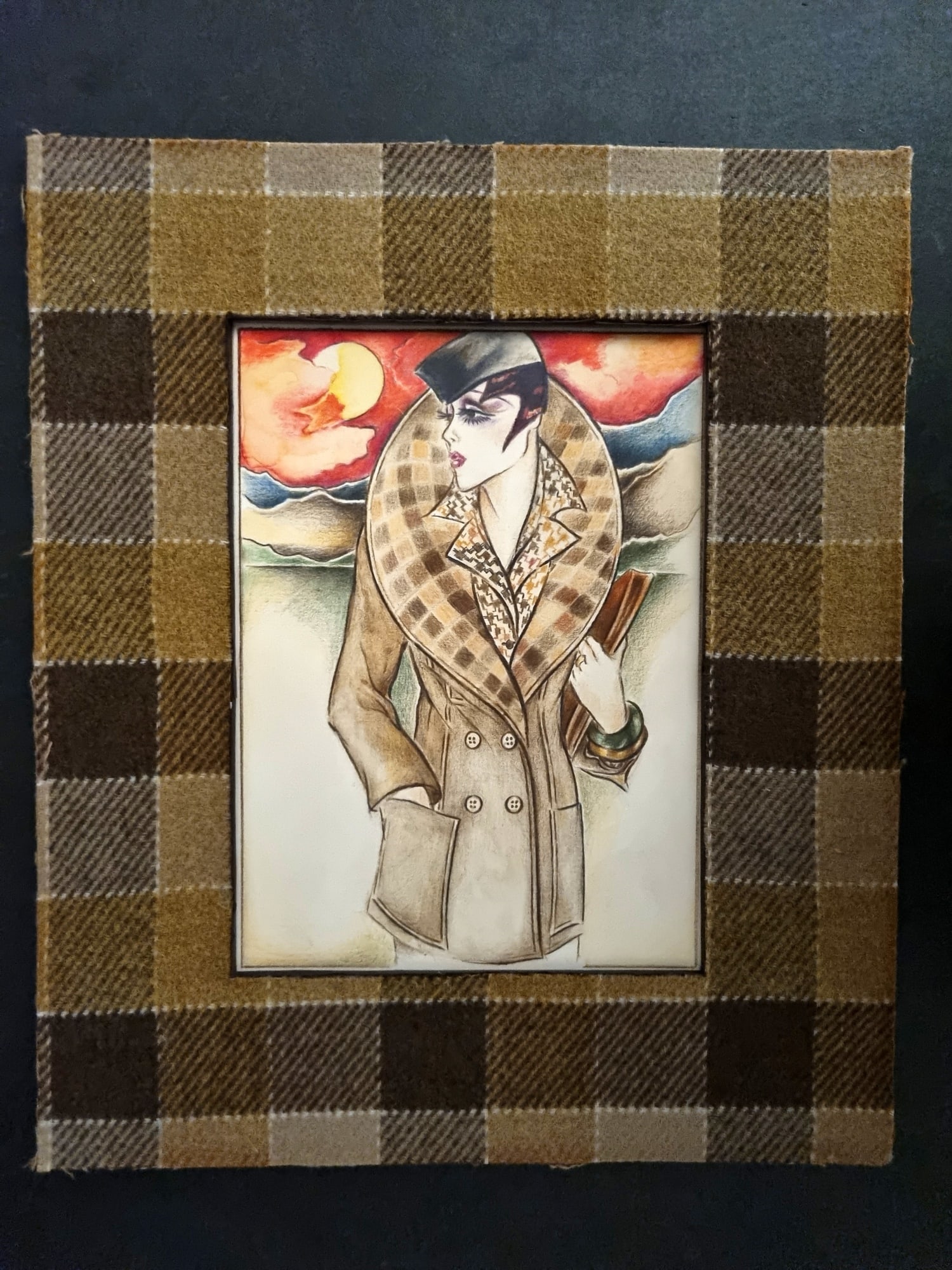 Original Art C1930 Art Deco Fashion in Vintage Fabric Mount: Pencil & Crayon Art Deco Drawing Made in England C1930. Unknown Artist. On Artist's Board. Mointed/Matted with Vintage Fabric Mount. Overall Size: 13.5 x 11.5 inch (34 x 29cm) Good Condition