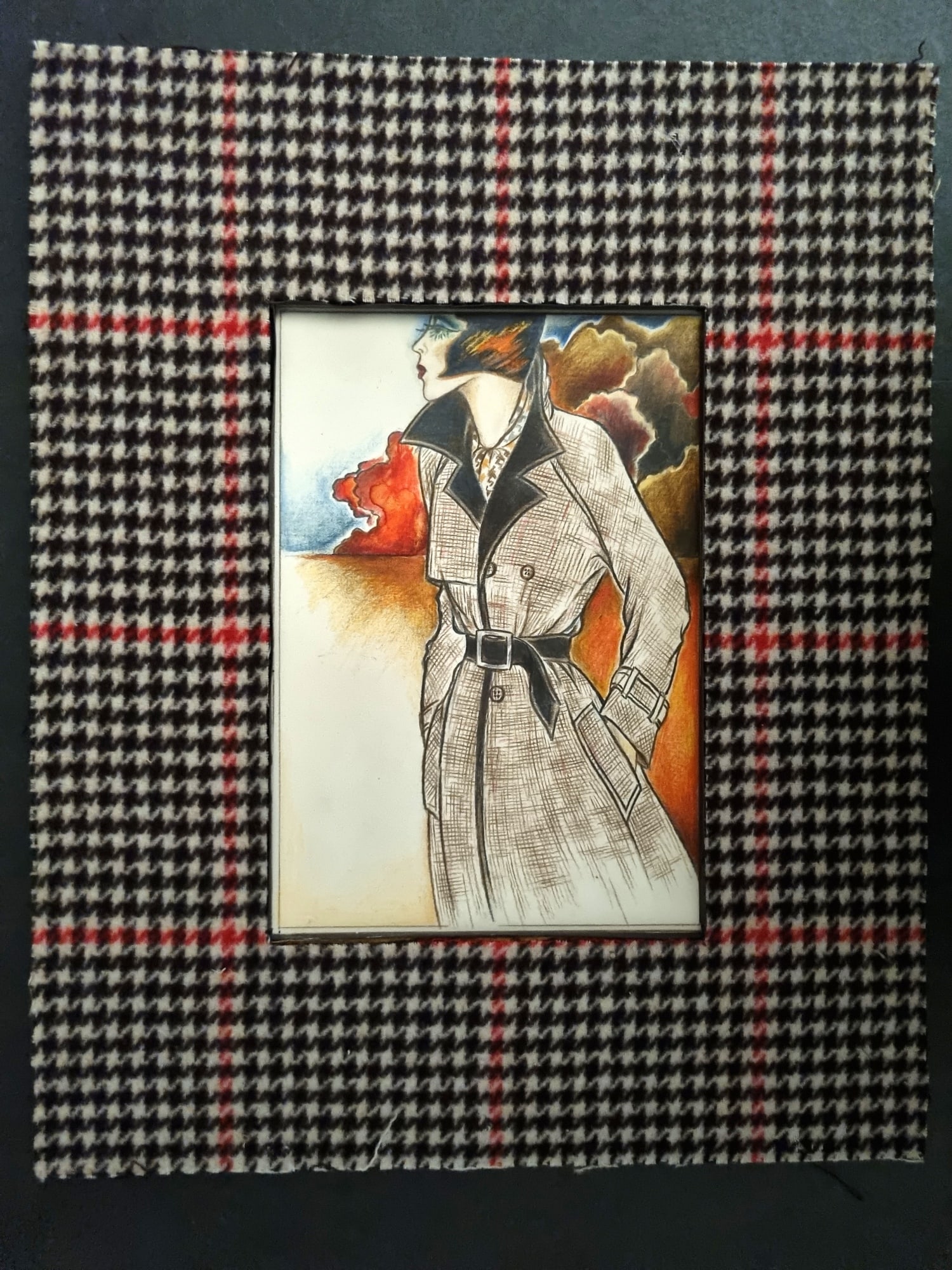 Original Art C1930 Art Deco Fashion in Vintage Fabric Mount: Pencil & Crayon Art Deco Drawing Made in England C1930. Unknown Artist. On Artist's Board. Mointed/Matted with Vintage Fabric Mount. Overall Size: 13.5 x 11.5 inch (34 x 29cm) Good Condition