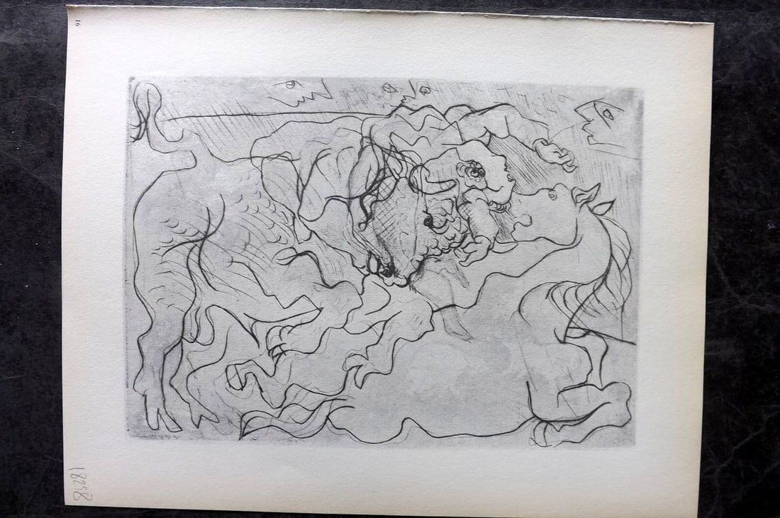 Picasso Vollard Suite 1956 Print. Bulfight II 16: Vintage Photogravure Published 1956, London for "Picasso's Vollard Suite" First English Edition of 100 Etchings created by Picasso between 1930-37. Printed on Good Quality Paper in Germany. Paper Size