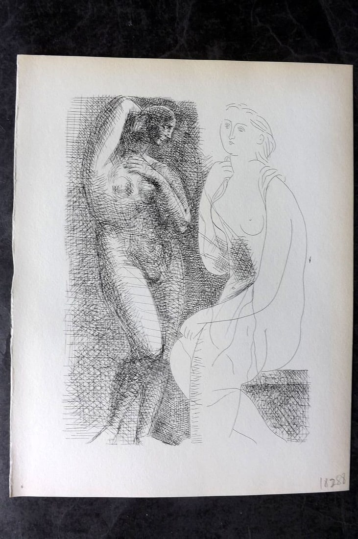 Picasso Vollard Suite 1956 Print. Nude before a Statue 06: Vintage Photogravure Published 1956, London for "Picasso's Vollard Suite" First English Edition of 100 Etchings created by Picasso between 1930-37. Printed on Good Quality Paper in Germany. Paper Size