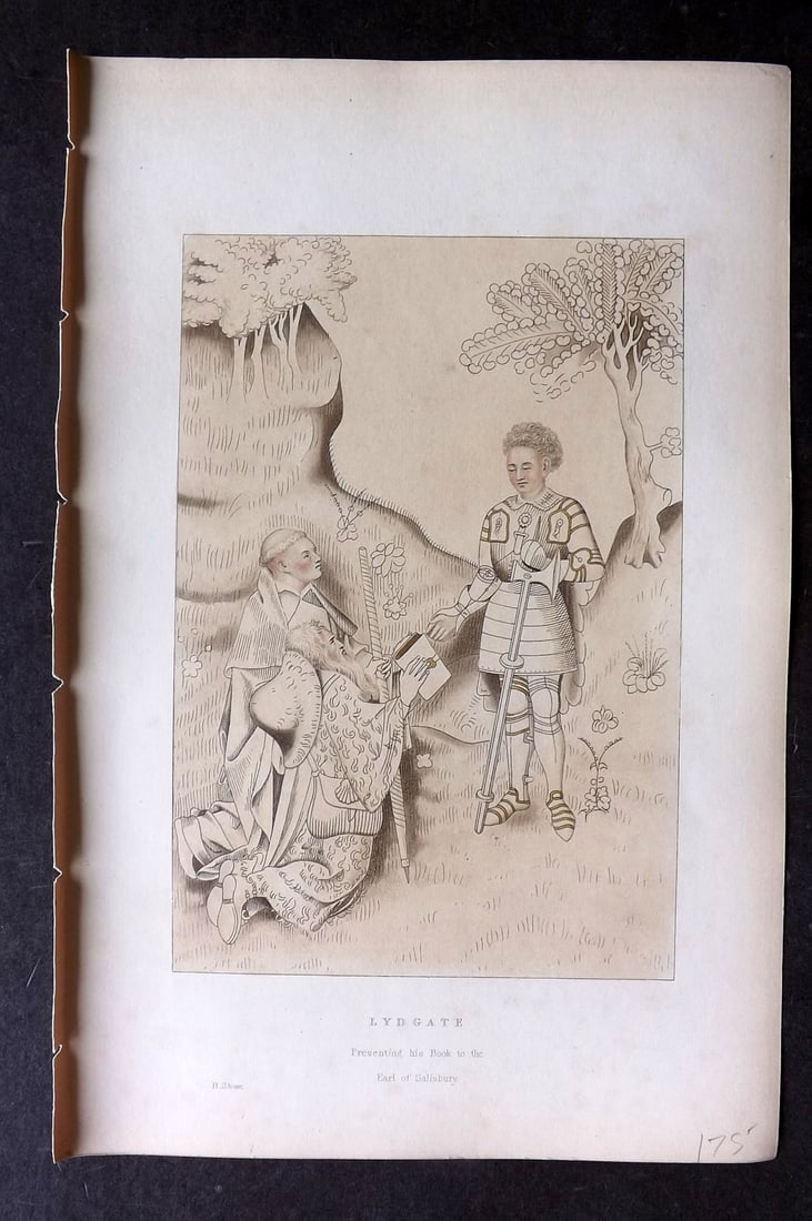 Shaw, Henry 1843 Hand Col Print. Lydgate presenting his Book to the Earl of Salisbury (1 of 1)