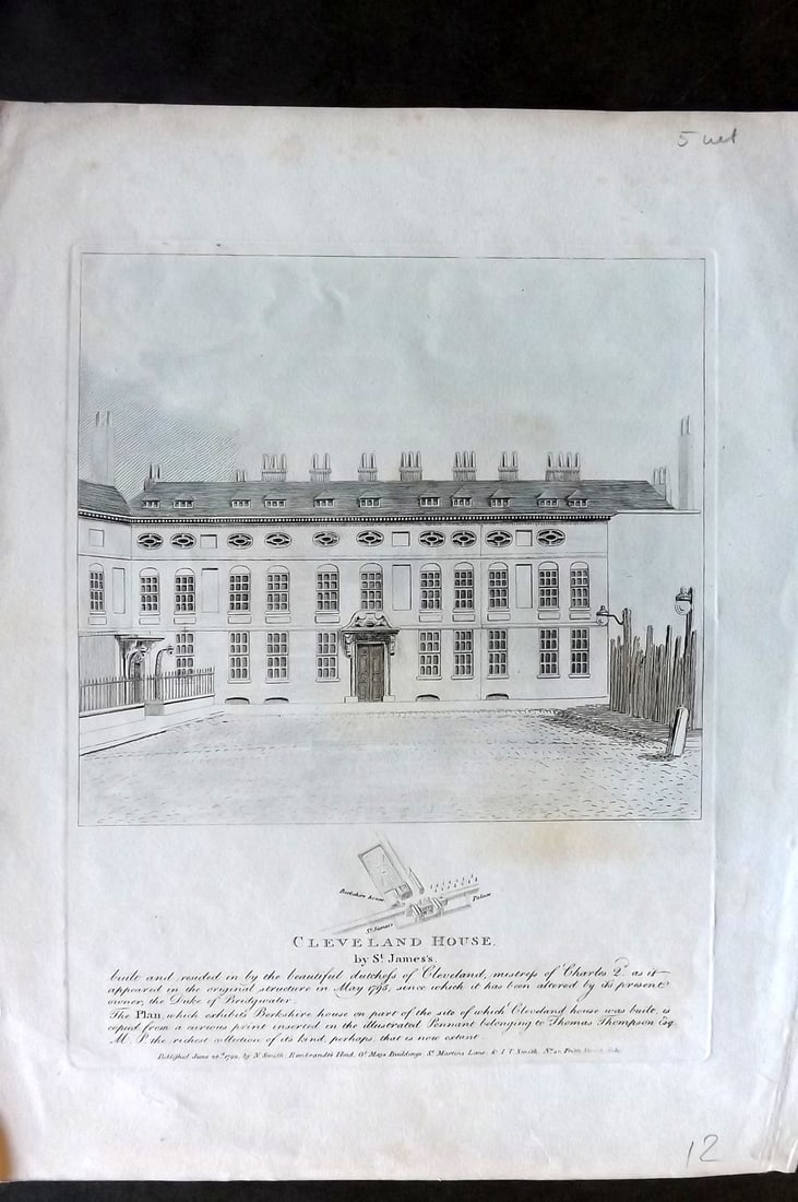 London - Smith, John 1799 Print. Cleveland House by St. James's (1 of 1)